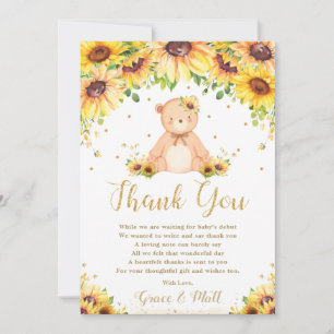 Cute Teddy Bear Sunflower Floral Baby Shower Thank You Card