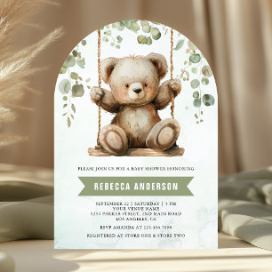 Cute Teddy Bear Swing Eucalyptus Arch Baby Shower Invitation