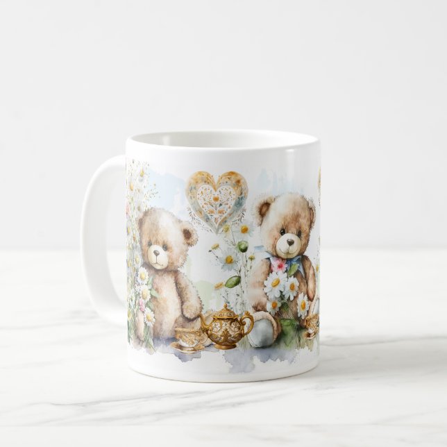 Cute Teddy Bear Tea Party Floral Mug (Front Left)