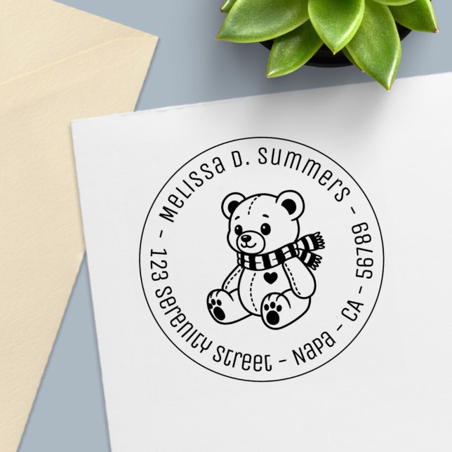 Cute Teddy Bear Toy with Scarf Round Address Self-inking Stamp (Creator Uploaded)