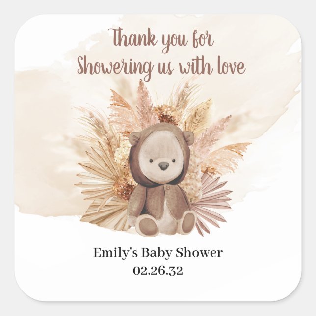Cute teddy bear tropical dried palm pampas baby square sticker (Front)
