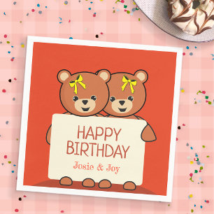 Cute Teddy Bear Twins or Siblings Birthday Party Napkin