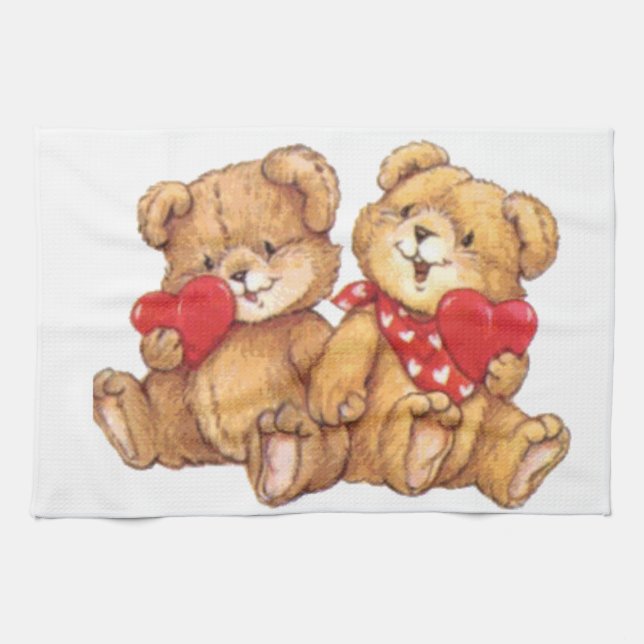 Cute Teddy Bear Valentine Couple Tea Towel (Horizontal)