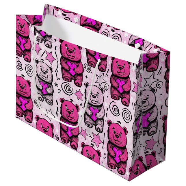 Cute Teddy Bear Valentine Pattern Large Gift Bag (Front Angled)