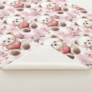 Cute Teddy Bear Valentine’s Day Hearts Pattern Sherpa Blanket