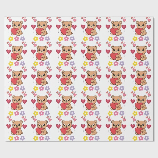 Cute Teddy Bear Valentine Wrapping Paper (Flat)