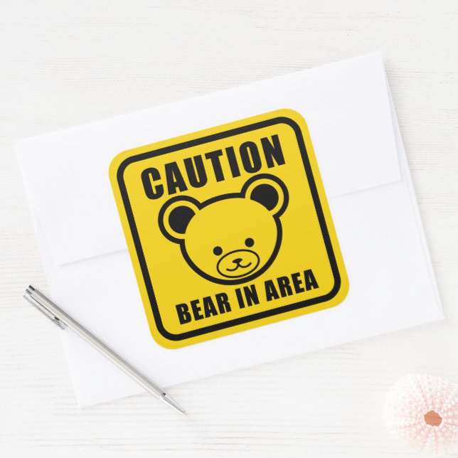 Cute Teddy Bear Warning Sign in yellow Square Sticker (Envelope)