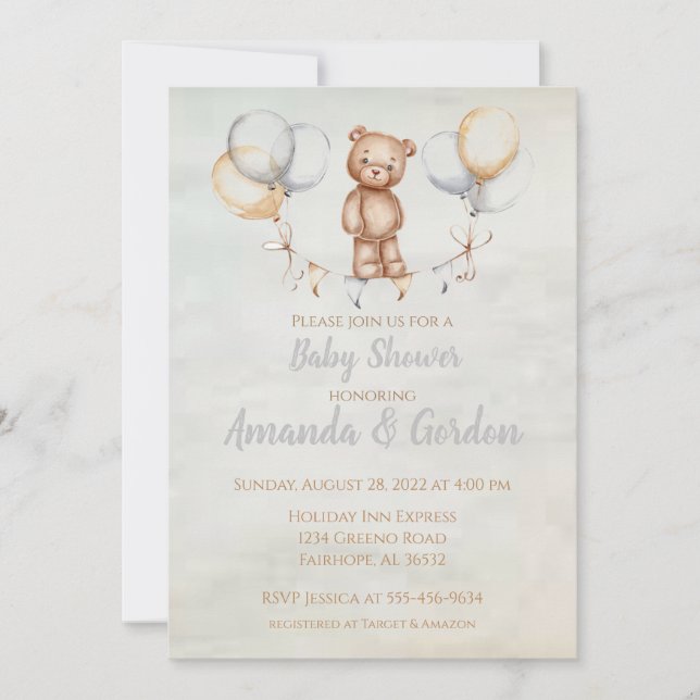 Cute Teddy Bear Watercolor Baby Shower  Invitation (Front)