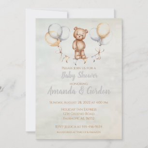 Cute Teddy Bear Watercolor Baby Shower Invitation