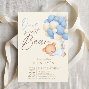 Cute Teddy Bear Watercolor Boy 1st Birthday Party Invitation