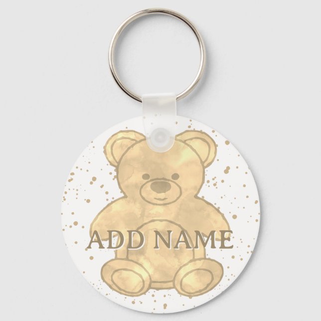 Cute Teddy Bear Watercolor Custom Name Key Ring (Front)