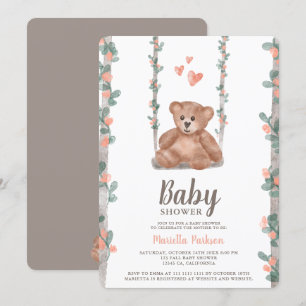 Cute teddy bear watercolor floral baby shower invitation