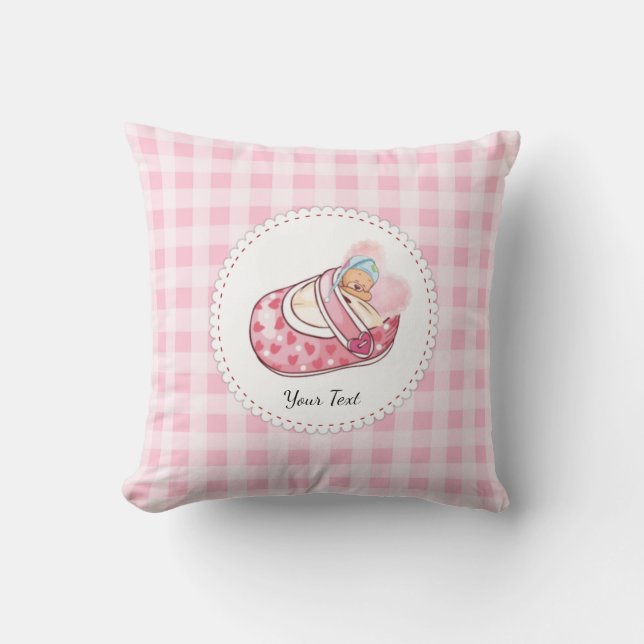 Cute Teddy Bear Watercolor Pink Name Cushion (Front)