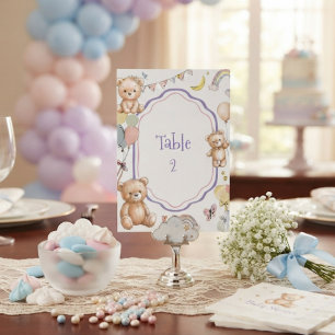 Cute Teddy Bear Watercolor Stars Moon Purple Heart Table Number