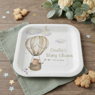 Cute Teddy Bear We Can Bearly Wait Hot Air Balloon Paper Plate