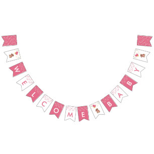 Cute Teddy Bear Welcome Baby Girl Pink Gold Shower Bunting