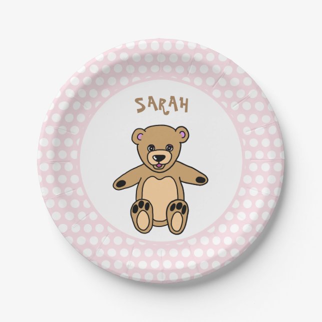 Cute Teddy Bear White Dots on Pink Birthday Paper Plate (Front)