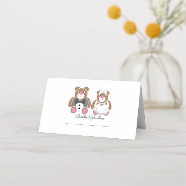 Cute teddy bear white wedding place card (Front)