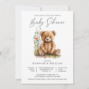 Cute Teddy Bear Wildflowers Baby Shower Invitation