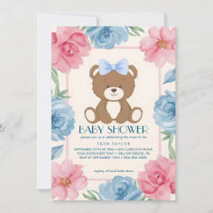 Cute teddy bear with a blue bow baby shower invitation