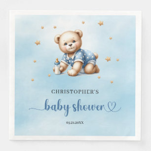 Cute teddy bear with baby bottle boy baby shower napkin