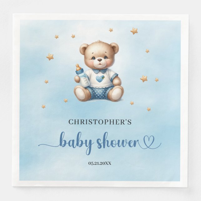 Cute teddy bear with baby bottle boy baby shower napkin (Front)