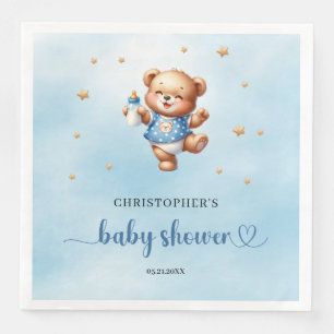 Cute teddy bear with baby bottle boy baby shower napkin
