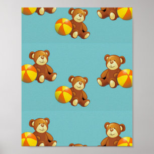 Cute teddy bear with ball on blue poster