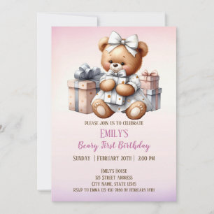 Cute Teddy Bear with Balloons and Gifts Invitation