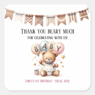 Cute Teddy Bear with Balloons and Gifts Square Sticker