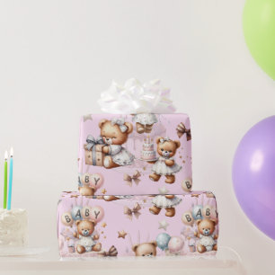 Cute Teddy Bear with Balloons and Gifts Wrapping Paper