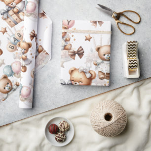 Cute Teddy Bear with Balloons and Gifts Wrapping Paper
