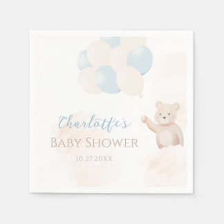 Cute Teddy Bear with Balloons Boy Baby Shower Napkin