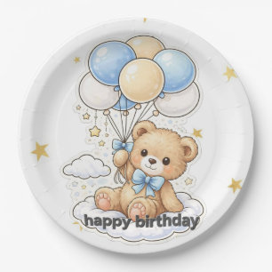 "Cute Teddy Bear with Balloons Boy Birthday  Paper Plate