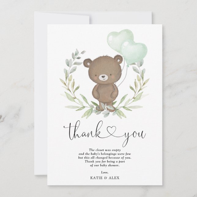 Cute Teddy Bear with Balloons Greenery Wreath Baby Thank You Card (Front)