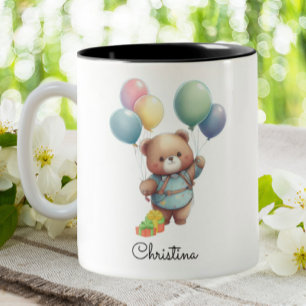 Cute Teddy Bear with Balloons Personalized Two-Tone Coffee Mug