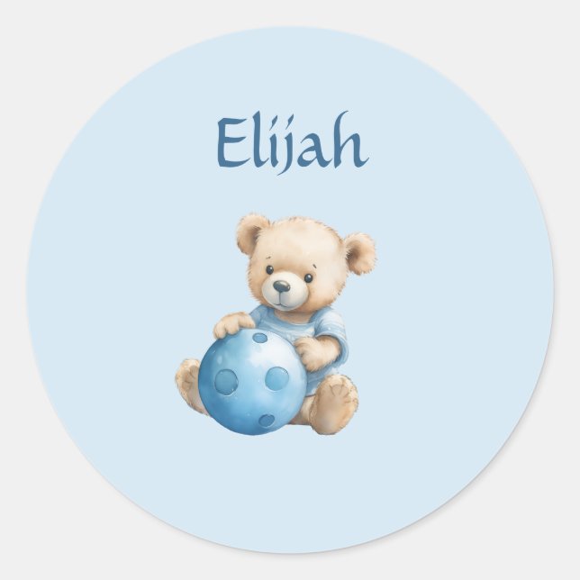 Cute Teddy Bear with Blue Ball Classic Round Sticker (Front)