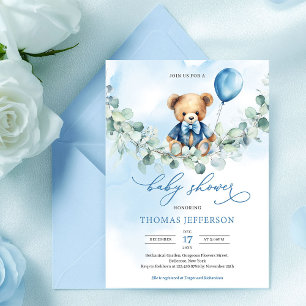 Cute teddy bear with blue balloon boy baby shower invitation