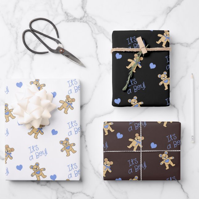 Cute Teddy Bear with Blue Hearts Wrapping Paper Sheet (Front)