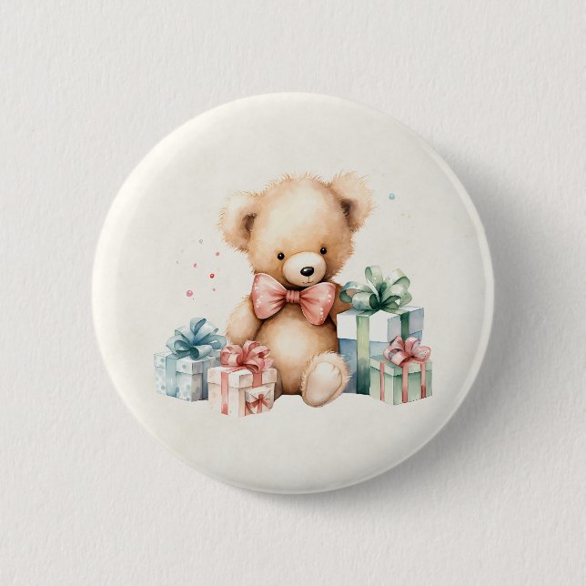 Cute Teddy Bear with Christmas Presents 6 Cm Round Badge (Front)