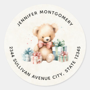 Cute Teddy Bear with Christmas Presents - Address Classic Round Sticker