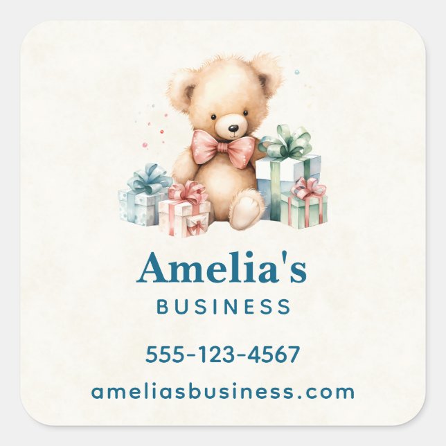 Cute Teddy Bear with Christmas Presents Business Square Sticker (Front)
