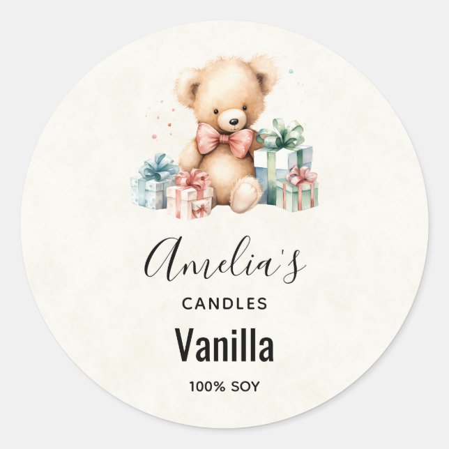 Cute Teddy Bear with Christmas Presents - Candle Classic Round Sticker (Front)