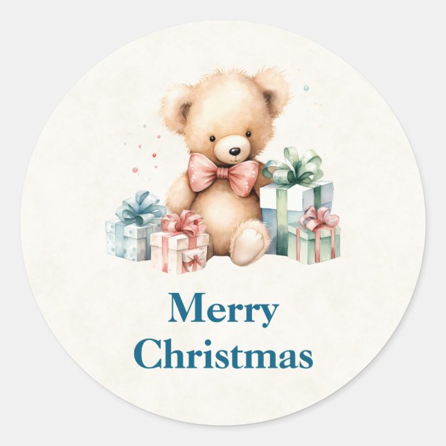 Cute Teddy Bear with Christmas Presents Classic Round Sticker (Front)