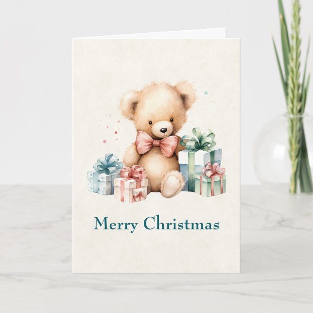 Cute Teddy Bear with Christmas Presents Holiday Card (Front)