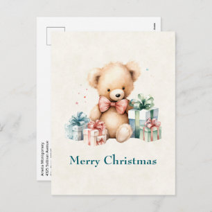 Cute Teddy Bear with Christmas Presents Holiday Postcard