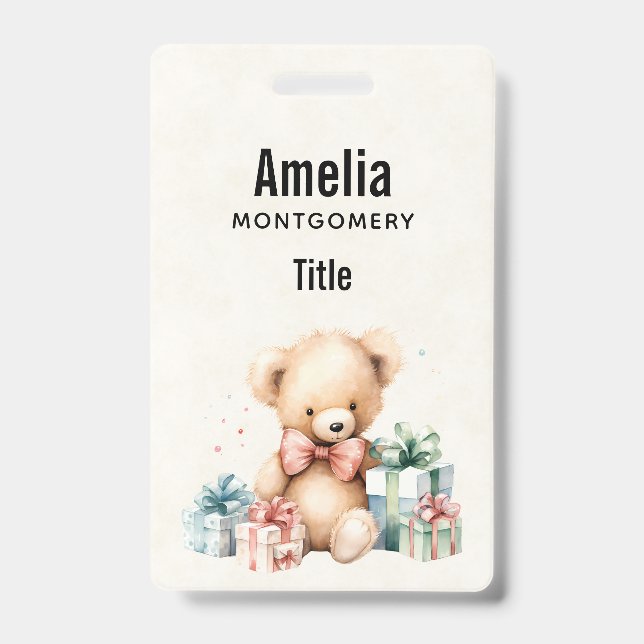 Cute Teddy Bear with Christmas Presents ID Badge (Front)