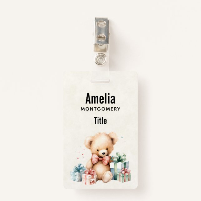 Cute Teddy Bear with Christmas Presents ID Badge (Front with Clip)