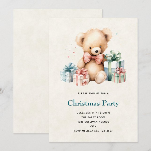 Cute Teddy Bear with Christmas Presents Invitation (Front/Back)