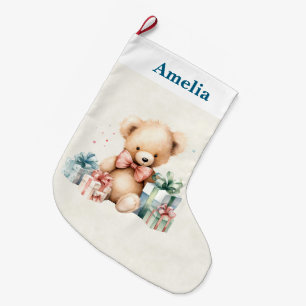 Cute Teddy Bear with Christmas Presents Large Christmas Stocking